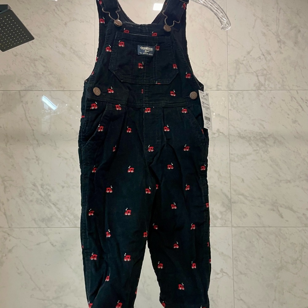 OshKosh B'gosh Navy Corduroy Overalls with Red Tractor Embroidery Size 2T